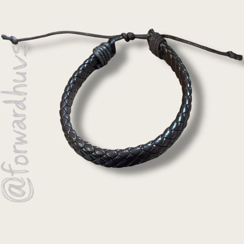 Adjustable Vegan Leather Bracelet – Dark Braided Cord with Sliding Knot Closure